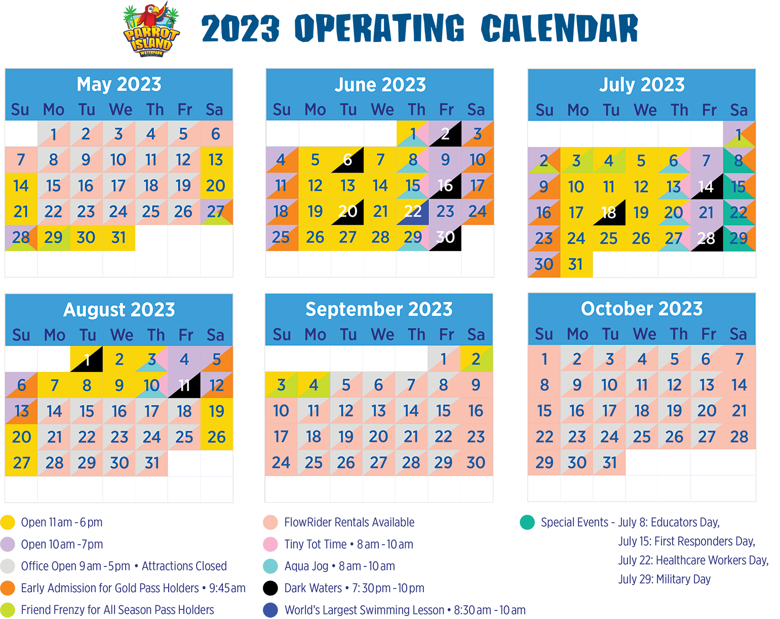 Parrot Island Waterpark Season Calendar